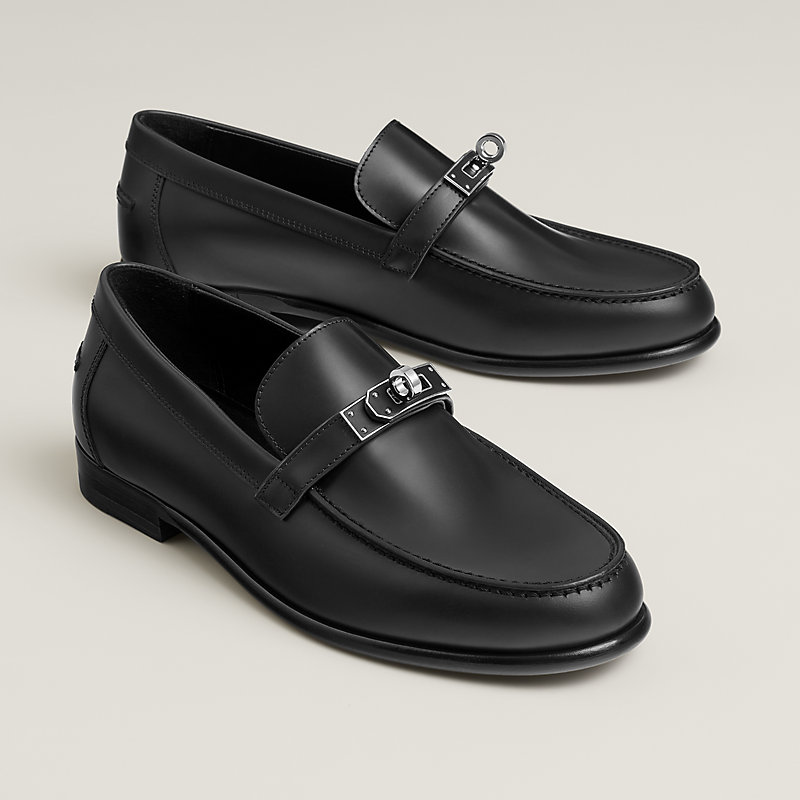 美品 HERMES モカシン デスタン(37)黒×シルバー金具 HERMES エルメス 靴 モカシン パリ レディース37 ブラック シルバー